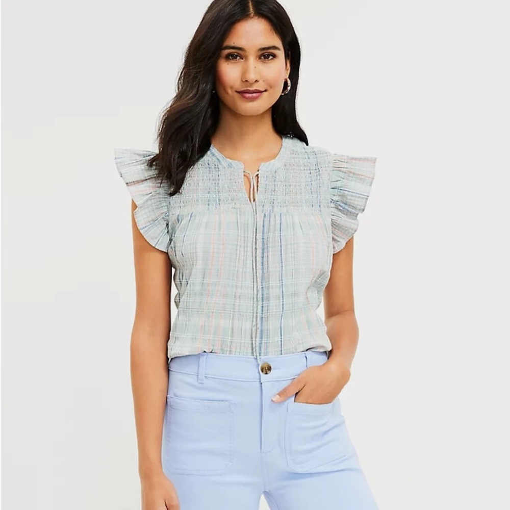 LOFT Multicolor Plaid Ruffle Sleeve Blouse